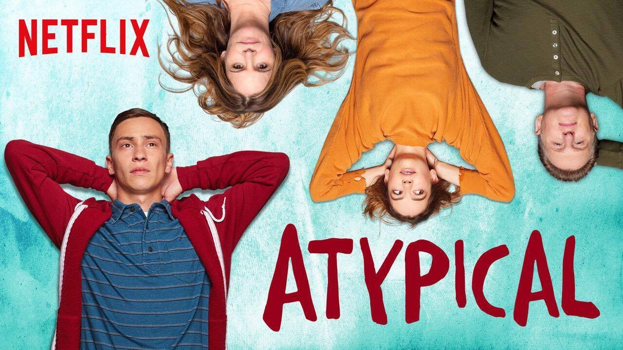 Marketing image for Netflix show called Atypical. Caucasian family with main character oriented right-side-up and other three families members depicted upside down