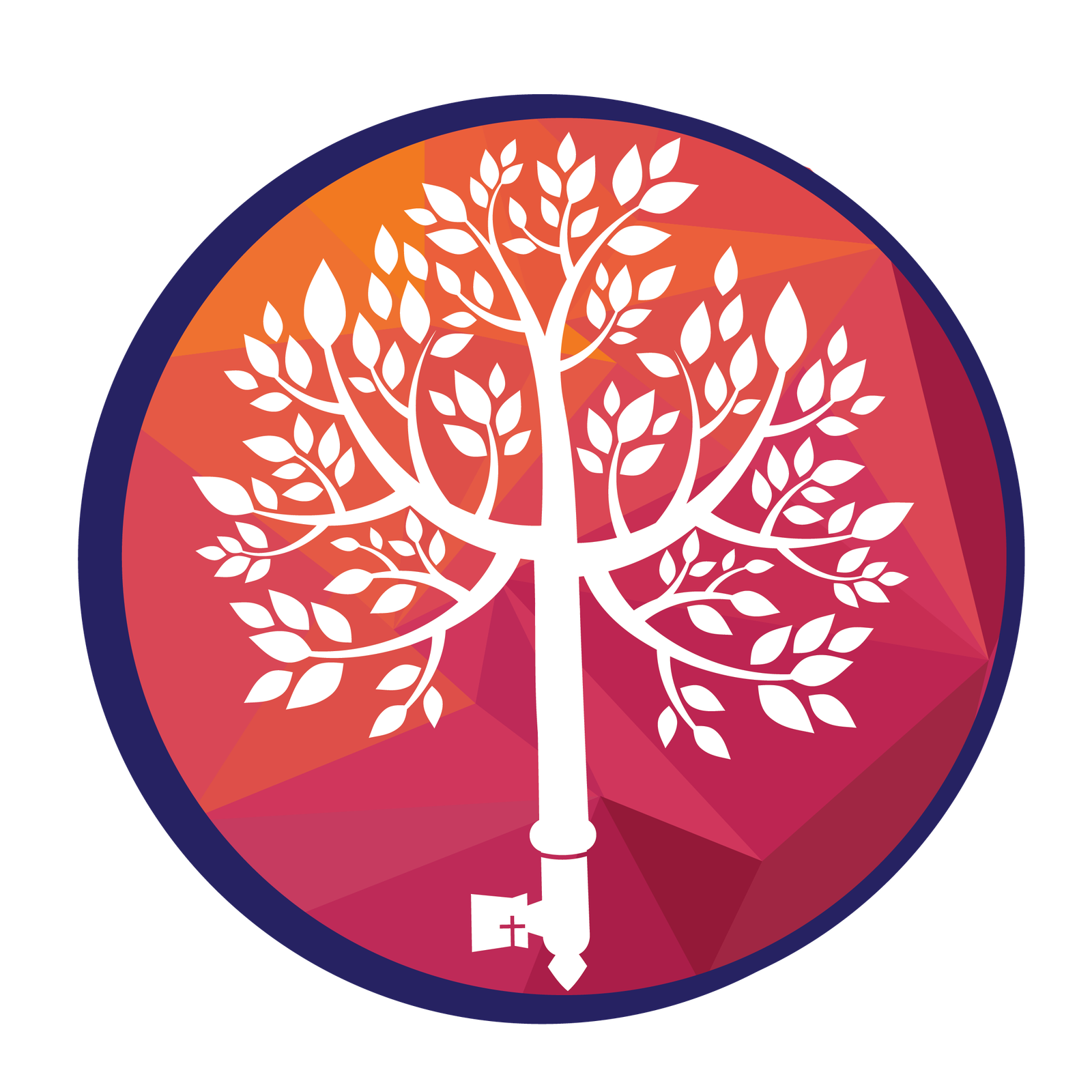 Uniquely Catholic Icon Logo: Dark blue circle. Inside is a circle mosaic with oranges, pinks, and reds. In the center of both circles is a white silhouette of a key with tree and branches for the handle.