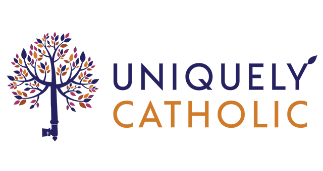Uniquely Catholic Logo: Dark blue key with tree branches and multi-colored leaves for the handle. The words "Uniquely Catholic" next to the key.