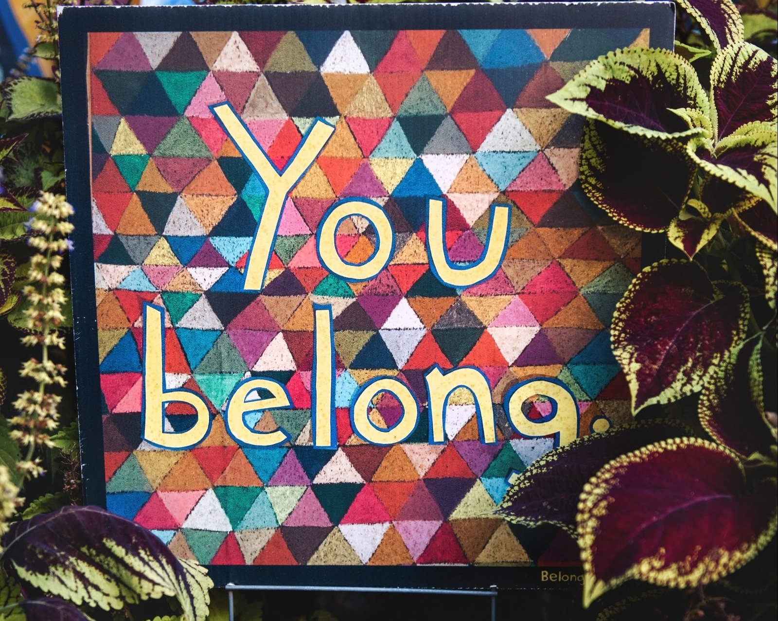 Among green plants is a sign with multicolored triangles and has the words "You Belong" in the middle.